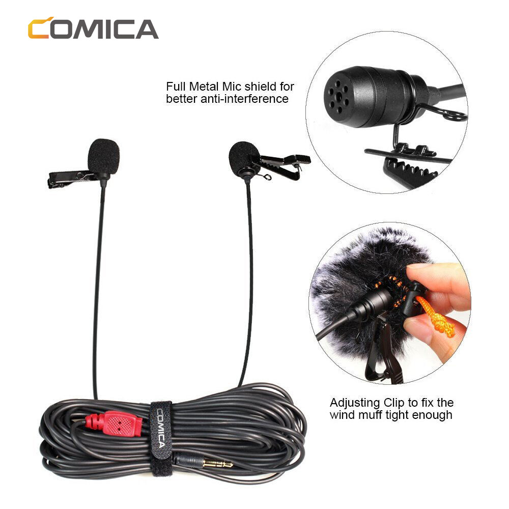 Comica CVM-D02B Dual-head Wired Lapel Microphone Lavalier Condenser Microphone Omnidirectional Double Lav Mic for Phone Camera Gopro(3.5mm TRS)