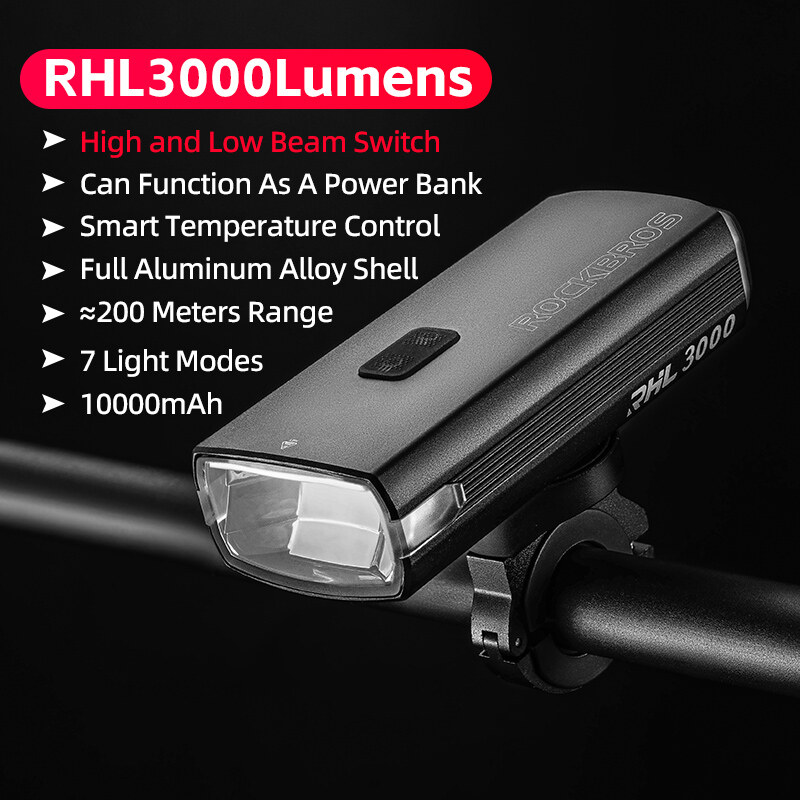 Rockbros 3000lm bicycle headlight 10000mah flashlight emergency powerbank bike front light high/low beam ipx6 waterproof strong light night cycling equipment for mtb road bike