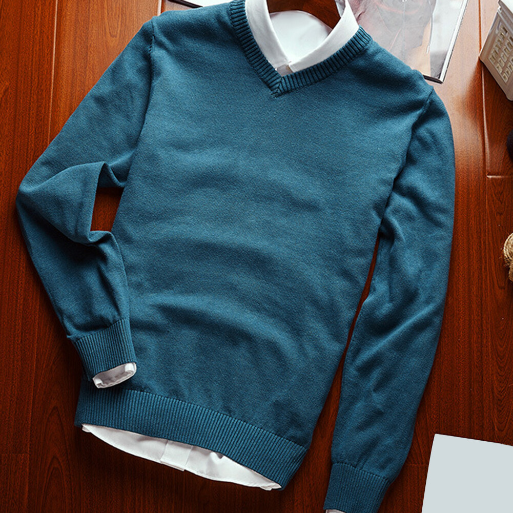 Men Solid Color V Neck Long Sleeve Slim Pullover Plus Size Knitwear Sweater