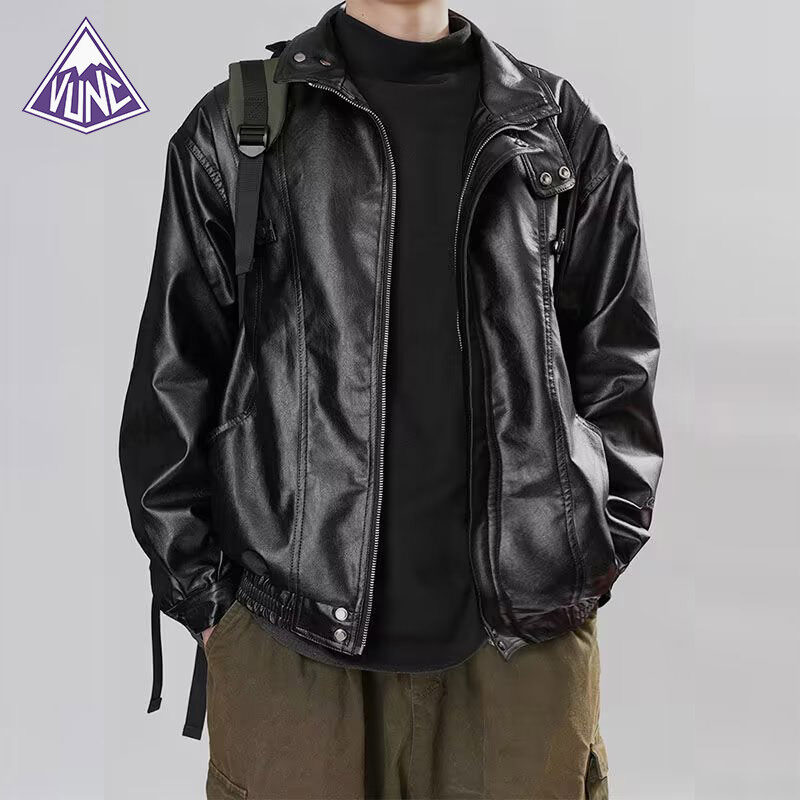 VUNC Men's classic simple oversized cowhide stand collar black leather jacket biker leather jacket