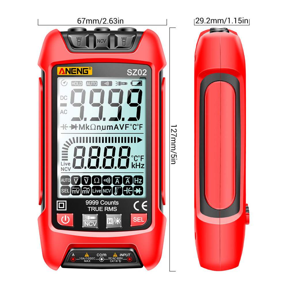 Sz01 sz02 auto range digital multimeter AC DC 9999 counts ammeter NCV resistance capacitance temperature semiconductor tester