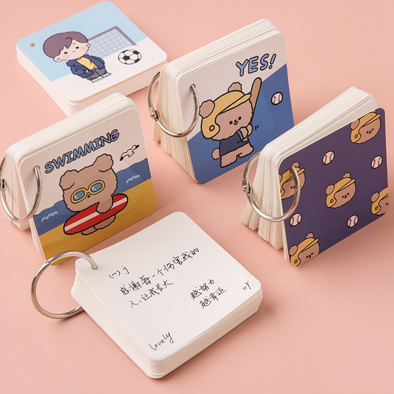 80 Sheets Creative Blank Words Card with Ring Student Cute Cartoon Pocket Card Book