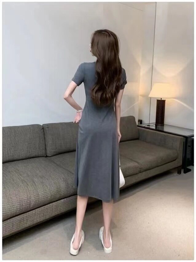 LOMOGI Đầm Nữ Cổ Chữ V Màu Trơn Thanh Lịch