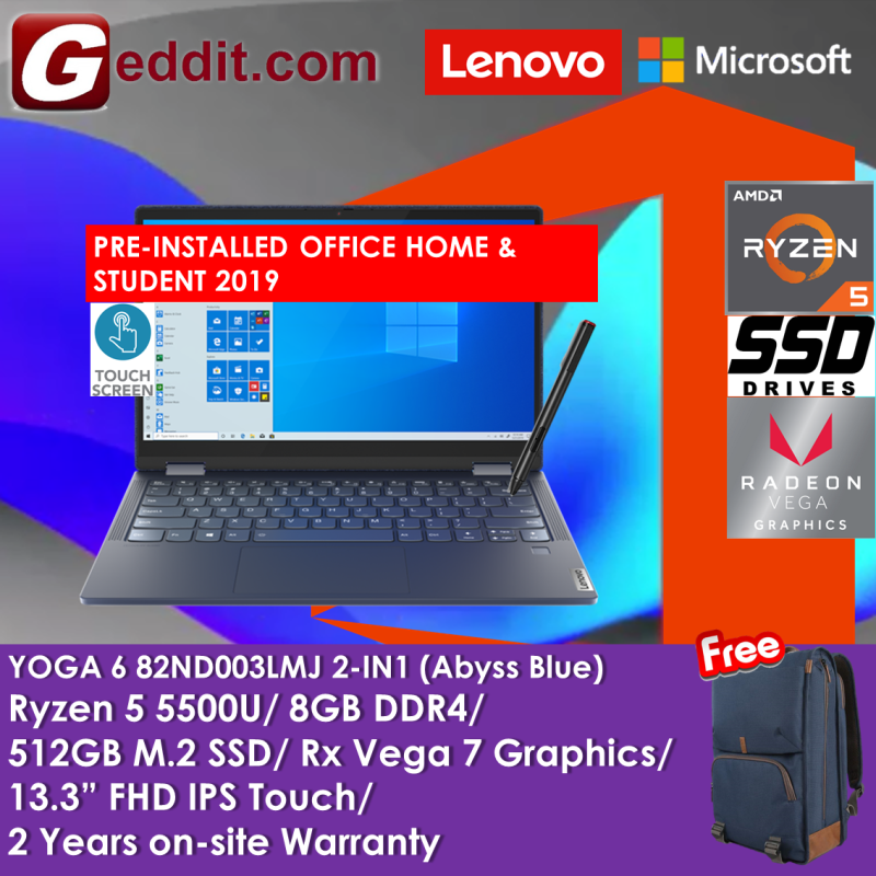 LENOVO YOGA 6 13ALC6 82ND003LMJ LAPTOP (RYZEN 5 5500U,8GB,512GB SSD,13.3 FHD,RX VEGA 7,WIN10) FREE BACKPACK + PRE-INSTALLED OFFICE H&S 2019 Malaysia