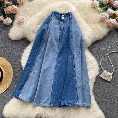 Design Sense Spring and Summer Mid-length Denim Skirt Ladies Loose Slim Fit Color Matching Large Swing A-line Bag Hip Skirt High Waist Skirt 2022 New