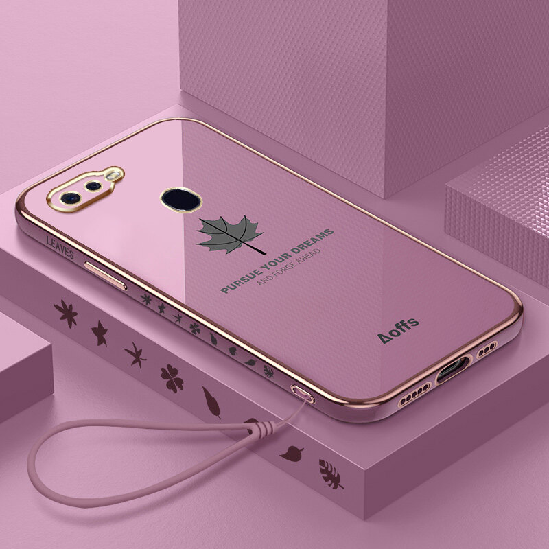 YBD Straight Edge Plating Phone case For OPPO F9 Pro casing, Precise Camera Protection case Maple leaf pattern cover with Free lanyard