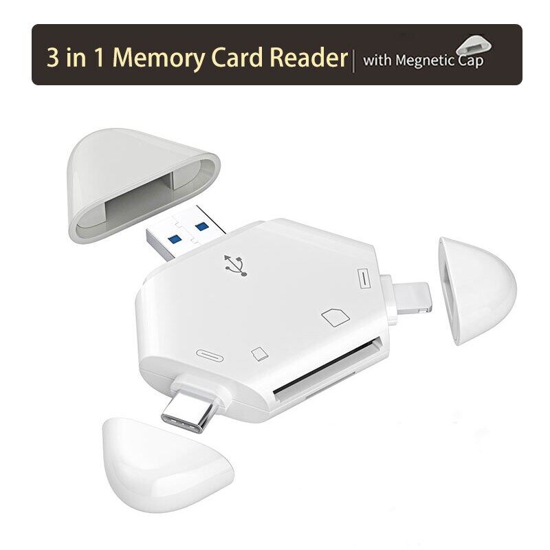 3 Trong 1 Đầu Đọc Thẻ Nhớ Với Nắp Nam Châm Hình Tam Giác USB-C USB Lightning Cổng Hỗ Trợ TF/SD Cho PC Máy Tính Xách Tay MacBook Điện Thoại Thông Minh