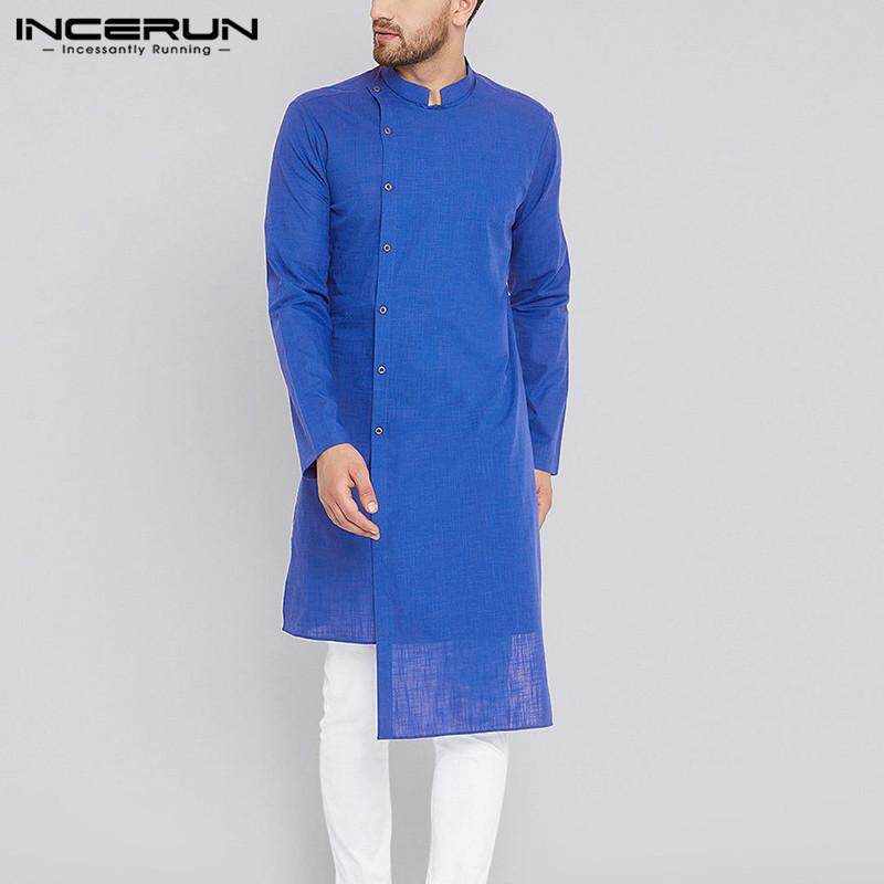 INCERUNเสื้ออินเดียแขนยาวผู้ชาย,ชุดเดรสKurta Thobeแบบไม่มีปกเสื้อสไตล์อินเดีย
