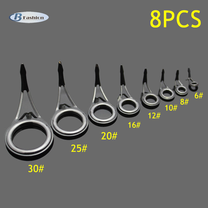 B-F 8 Pcs Ceramic Fishing Rod Guide Tip Strong Line Repair Set Kit DIY Rings High Carbon Steel Frame