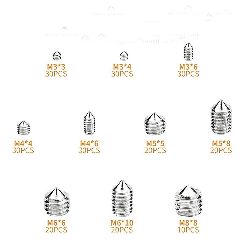 ELECTRAPICK 240Pcs Hex Hexagon Socket Set Screw Cone Point Grub Screw Tapered End Headless Bolt M3 M4 M5 M6 M8