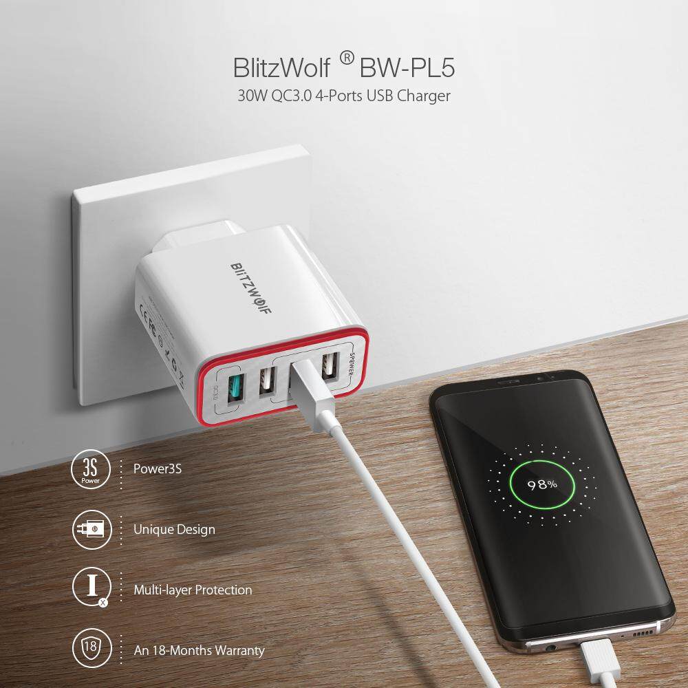 Blitz Wolf BW-PL5 30 W QC3.0 Pengisian Cepat 2.4A 4-Port Charger USB EU Adaptor Colokan dengan Spower untuk Huawei P20 Mate20 pro Xiaomi MI9 S10