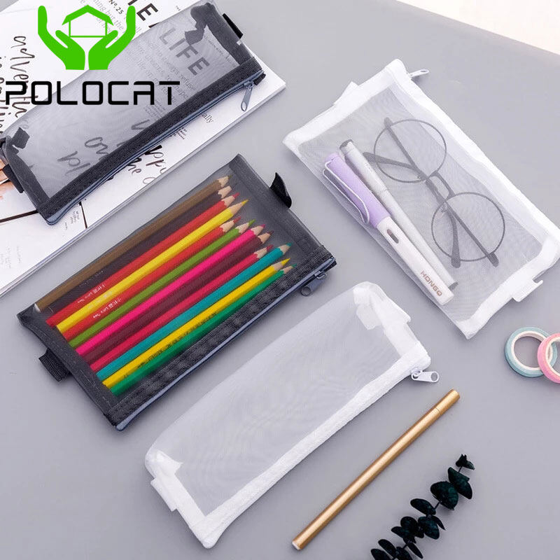 Polocat Clear Mesh School Pencil Bag Nylon Large Capacity Pen Case Office Supplies Kids Stationery Gift#2