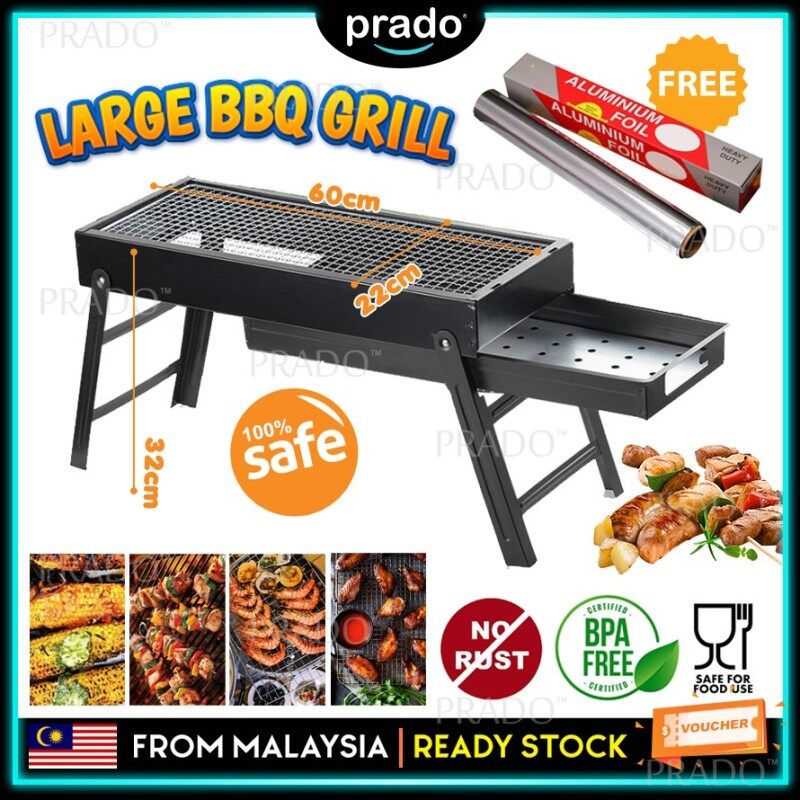 PRADO Malaysia Premium Alloy Steel Large 60cm BBQ Grill Folding Charcoal Camping Picnic Beach Barbeque Pemanggang FREE Foil Paper