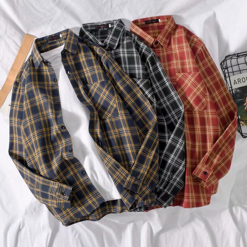Men's Plaid Shirt Long Sleeve 9 Colors Shirt All-match Youth Student Loose Casual Thin Coat for Spring Autumn Wear Top Men Shirt