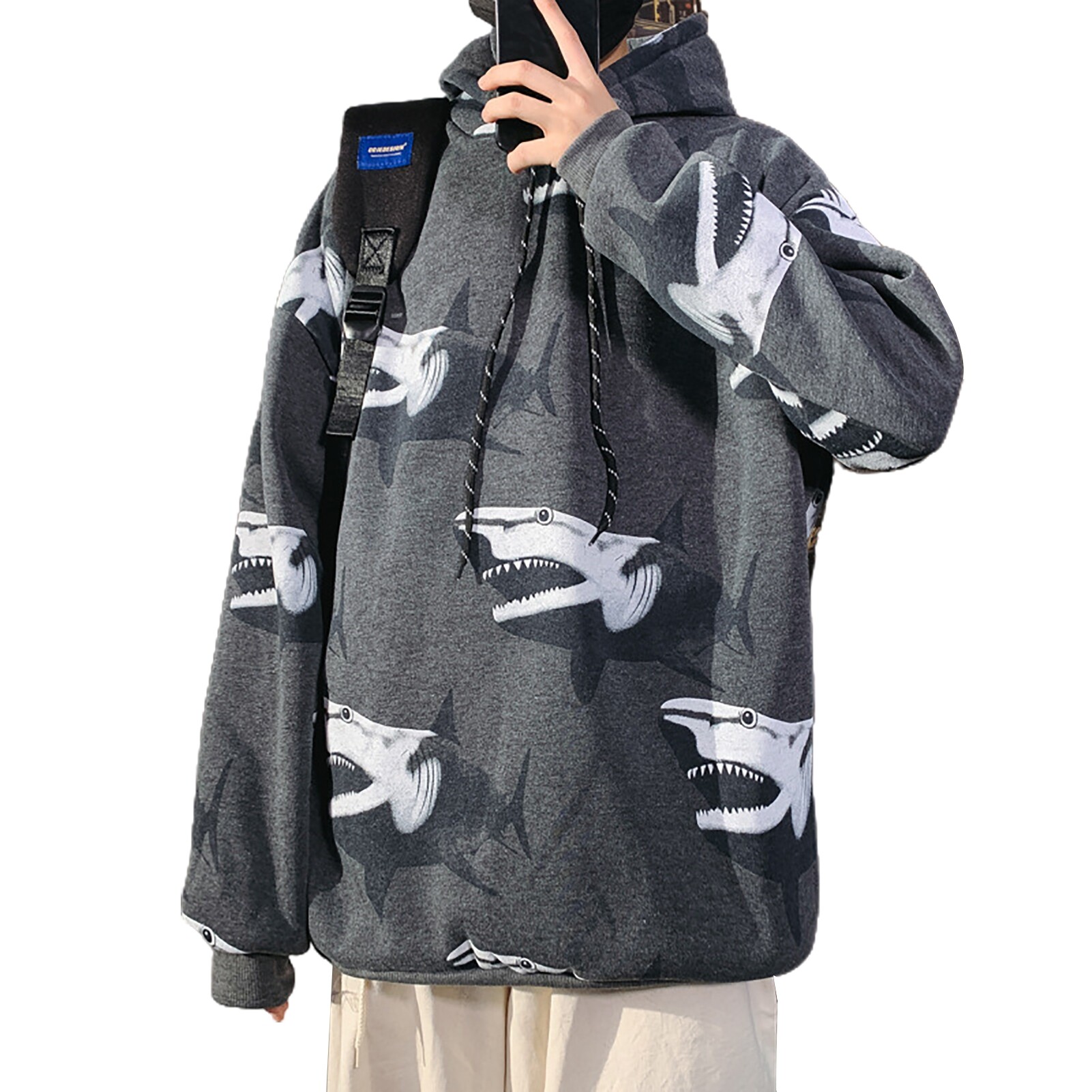 Cherise Men Autumn Sharks Print Long Sleeve Drawstring Hoodie Plush Thick Sweatshirt