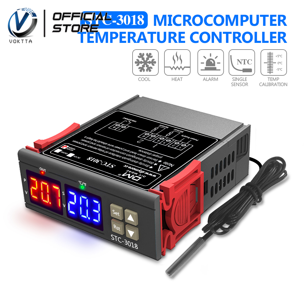 VOKTTA Bộ Điều Khiển Nhiệt Độ Chính Xác Cao STC-3018 Bộ Điều Nhiệt Màn Hình Kỹ Thuật Số Cảm Biến NTC AC110V-220V Phạm Vi Kiểm Soát Nhiệt Độ-55 ℃ ~ + 120 ℃ Đầu Ra Rơ Le