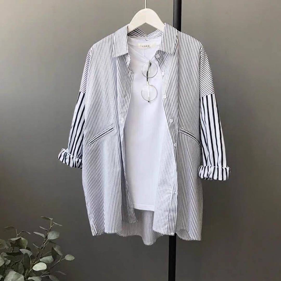 Women's Long Sleeves Shirts Korean Harajuku Style Mid-Length Cardigan Loose Bat Sleeves Striped Shirts Women's Jackets Casual Sun Protection Tops for Women