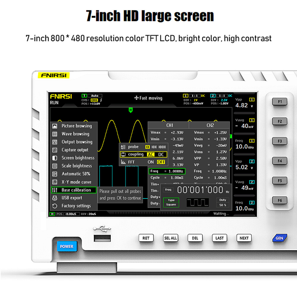 SMART SENSOR-1014D Portable 7 Inch TFT LCD Display Screen Two In One Dual Channel Input Signal Generator Desktop Oscilloscope Capture Output Signal Function 100MHz* 2 Ana-log Bandwidth 1GSa/s Sampling Rate 1GB Storage Space Multifunction Oscilloscope