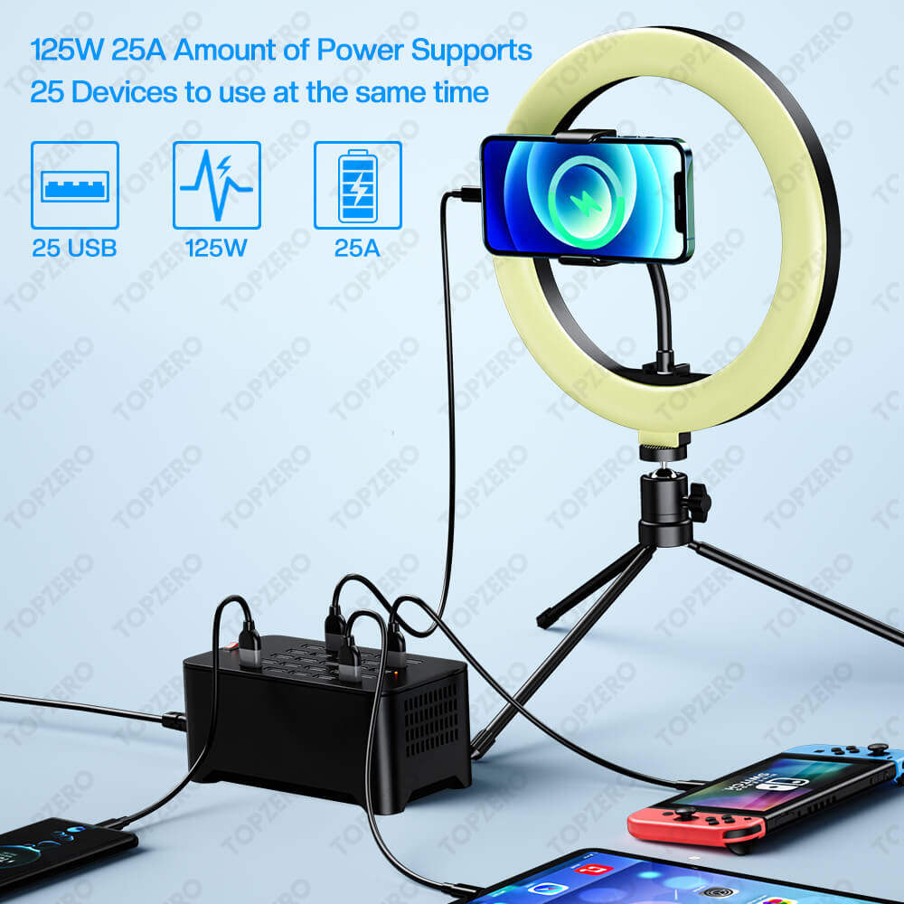 TOPZERO Bộ Sạc USB Đa Cổng 125W 10/15/20/25 Cho Bộ Chuyển Đổi Hub Sạc iPhone Ổ Cắm Trạm Sạc Điện Thoại Máy Tính Bảng Cho Xiaomi Huawei Samsung OPPO