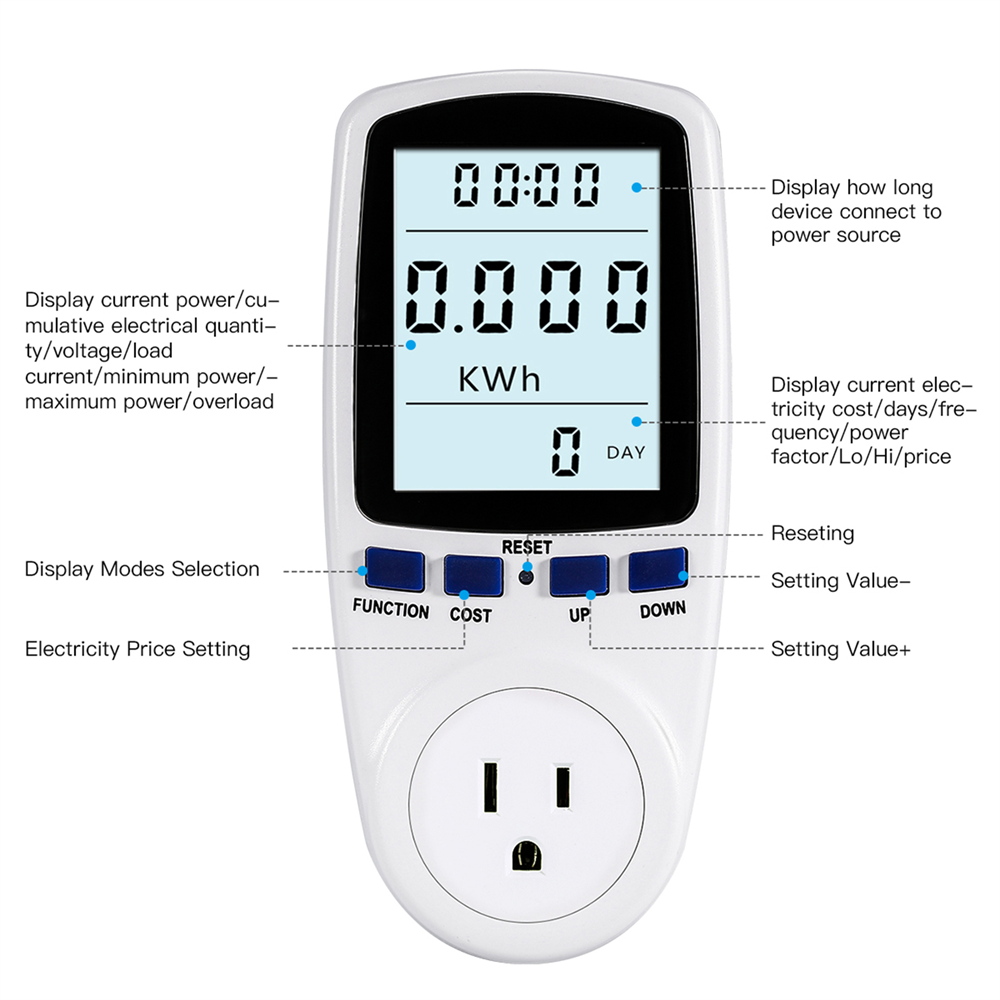 ORIA Power Meter Socket Smart US Plug Energy Meter Power Consumption Watt Meter Voltage Amp Tester Monitor With Backlight, Digital LCD Display, Built-in Rechargeable Battery for Energy Saving