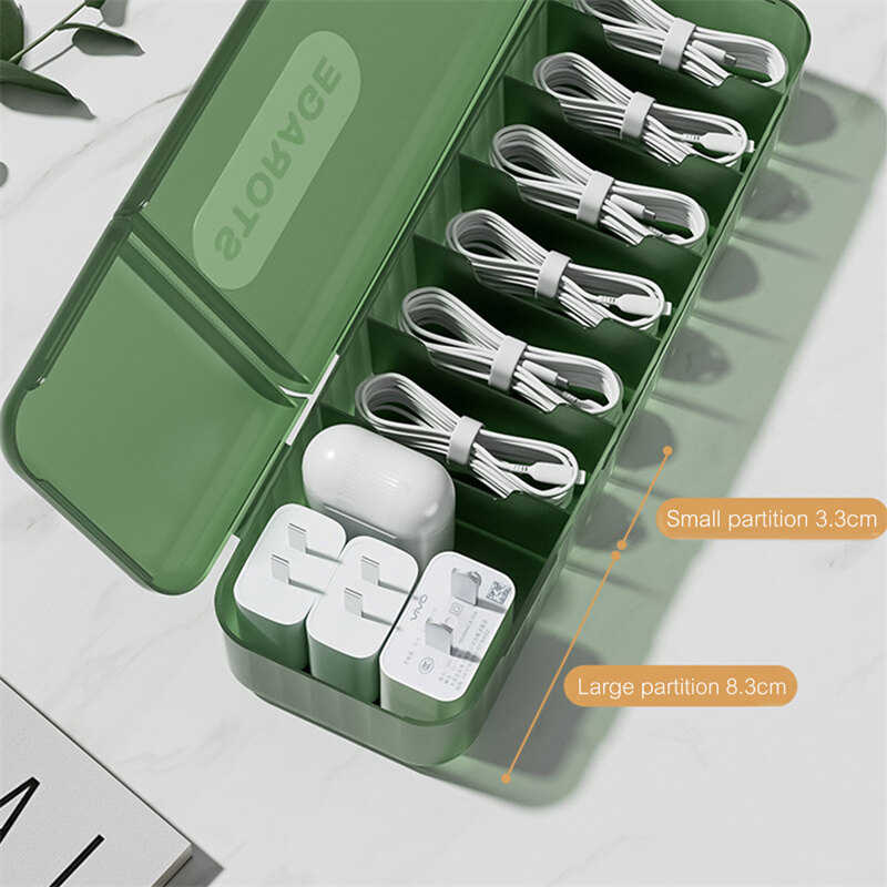 Data Cable Storage Box Cable Charger Organizer with 7 Compartments Container Case Electronic Accessories for Desk Drawer Cord Storage Organizer