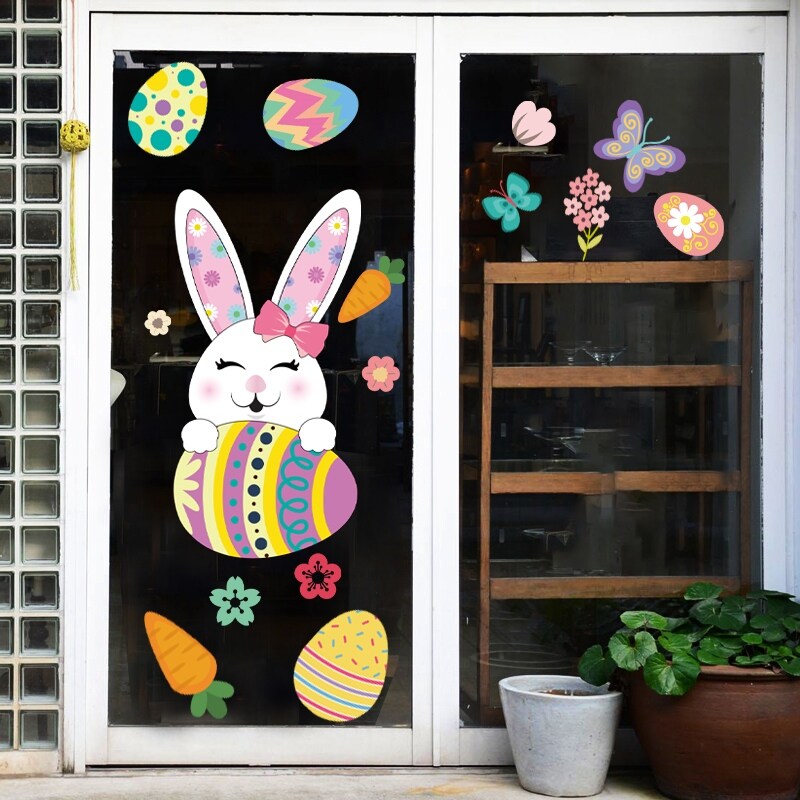 【HOT】 Happy Easter Window Stickers Rabbit Eggs Chick Wall Stickers Easter Decorations for Home 2022 Easter PartyWall Decals