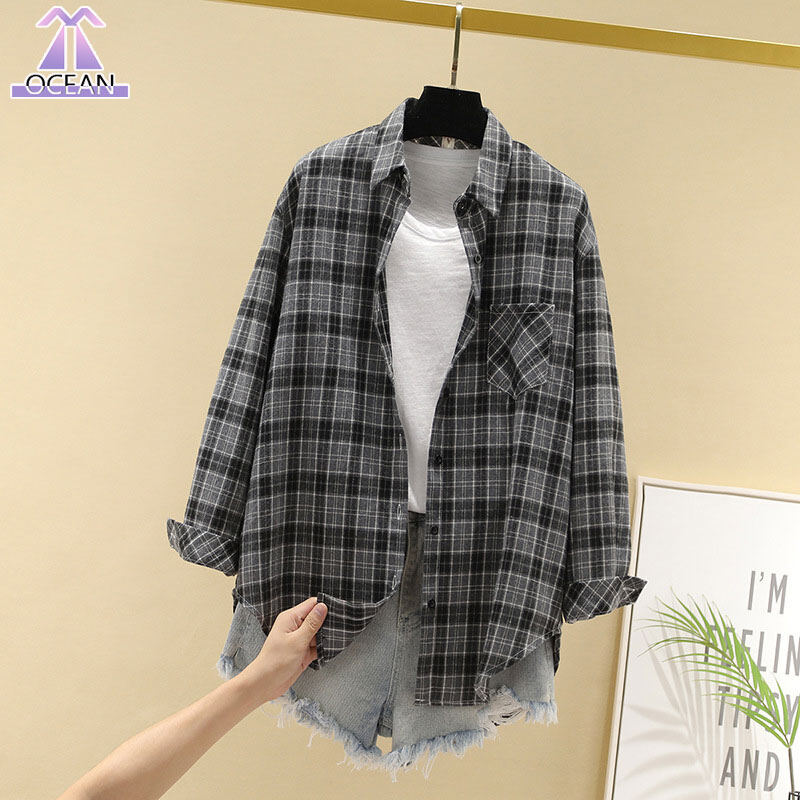 Oc light jacket cho nữ áo sơ mi kẻ sọc cotton, áo khoác học sinh rộng phong cách hàn quốc