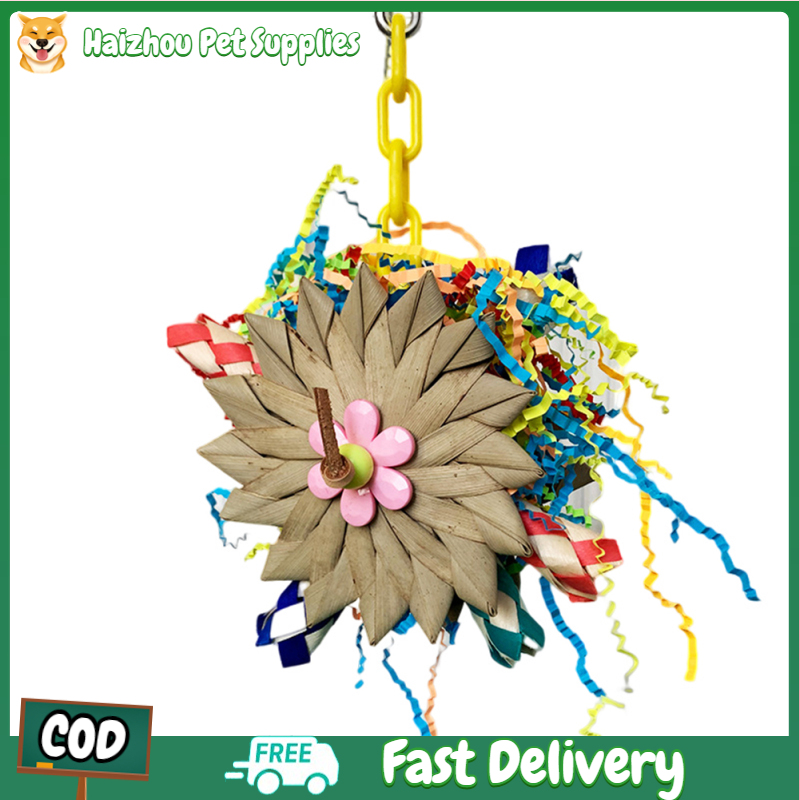 Haizhou Parrot Hanging Chewing Toys With Natural Palm Leaf Rattan Ball Shred Foraging Toy For Small Medium Parrot Birds
