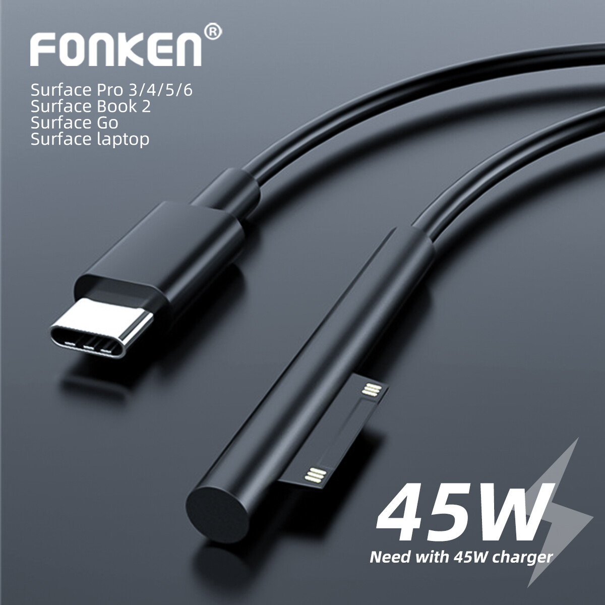 Fonken microsoft pd to typec fast charge cable 45w usb c power tablet charger accessories for microsoft surface tablet pro5 microsoft surface pro 3 4 5 6 charging cable