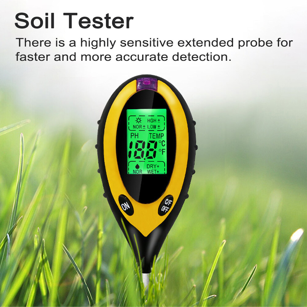4in1 Digital Soil Analyzer Multifunctional Soil Tester Sunlight Intensity PH Value Moistures Temperature Detector Meter Potted Crops Planting Cultivating Tool with Dial for Field Garden Greenhouse