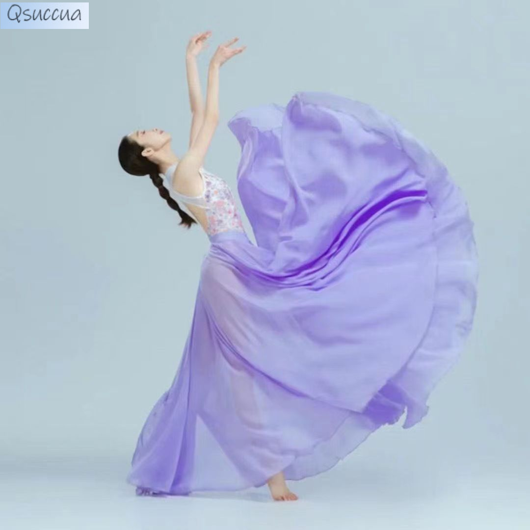 Women Classical Dance Chiffon Lace up Ballet Classical Dance Performance Elegant Practise Long Skirt