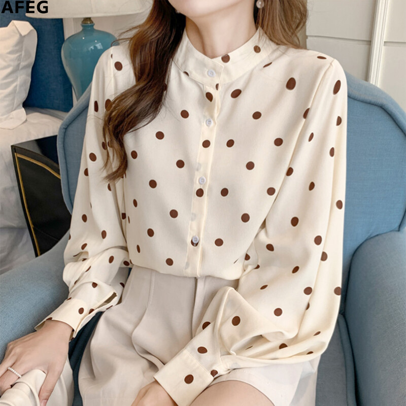 AFEG new Korean fashion loose wild polka dot chiffon long-sleeved blouse for women