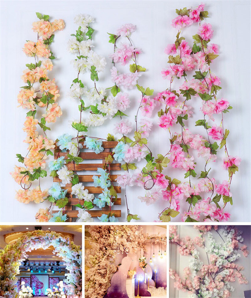 2.3m Flower Garland Artificial Flower String Leaves Silk Sakura Cherry Blossom Ivy Vine For Home Garden Wedding Arch Decor