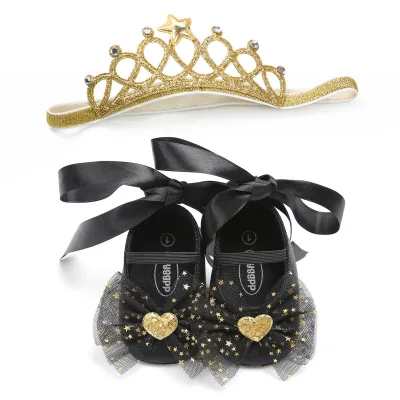 KIO doll shoes for girls kids Infant Toddler Baby Girls Prewalker Bowknot Princess Shoes+Crown Headband Set