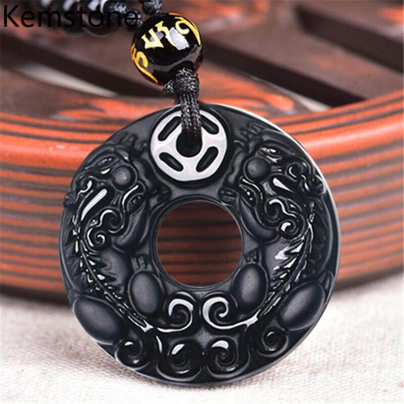 Kemstone Fashion Agete Obsidian Bless Double Pixiu Circle Pendant Beaded Chain Necklace for Women Men Jewelry Gifts