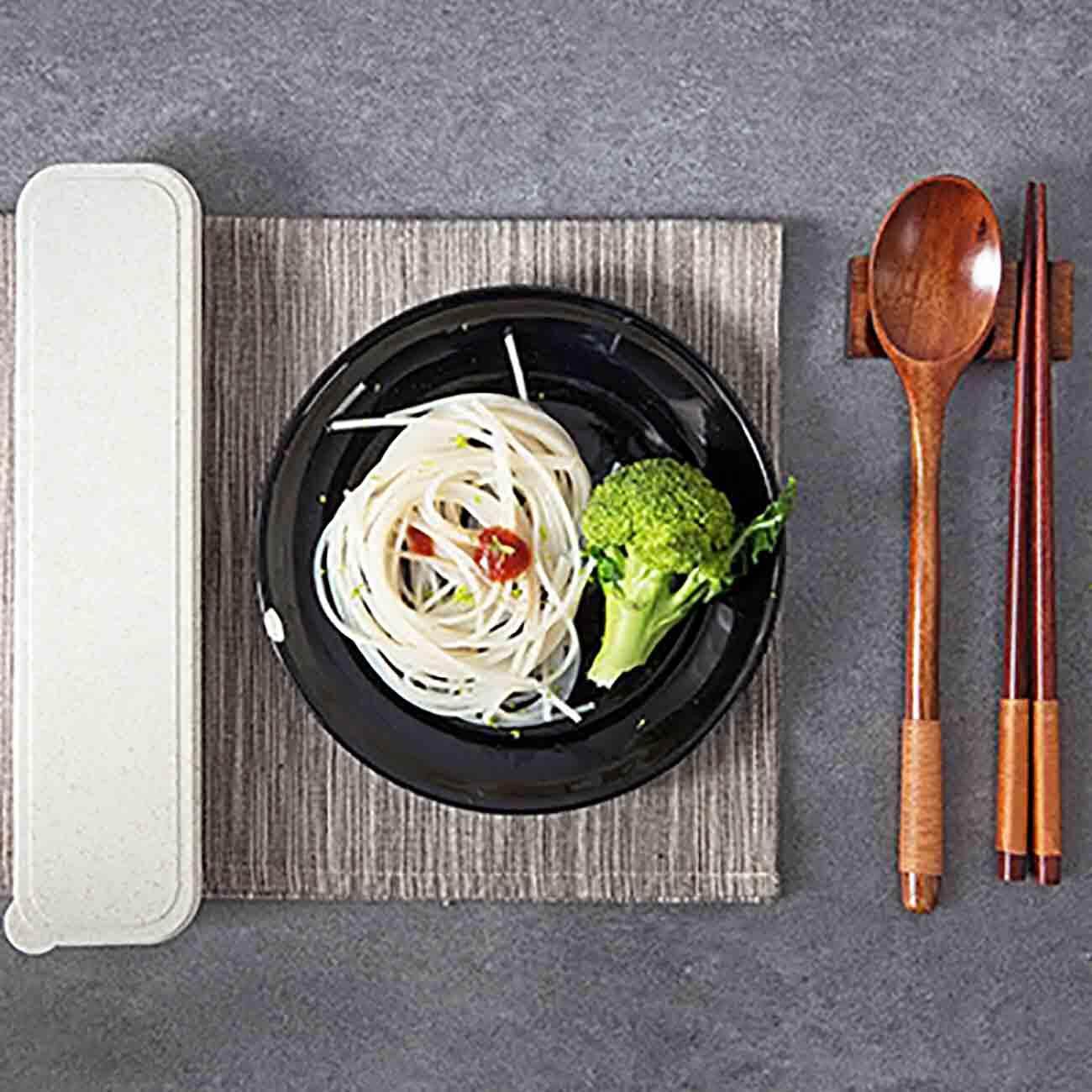 Homenhome Gỗ Bộ 3 Thìa Ăn Uống (1 Chiếc Thìa + 1 Đôi Đũa + 1 Cái Chén Ăn Hộp)