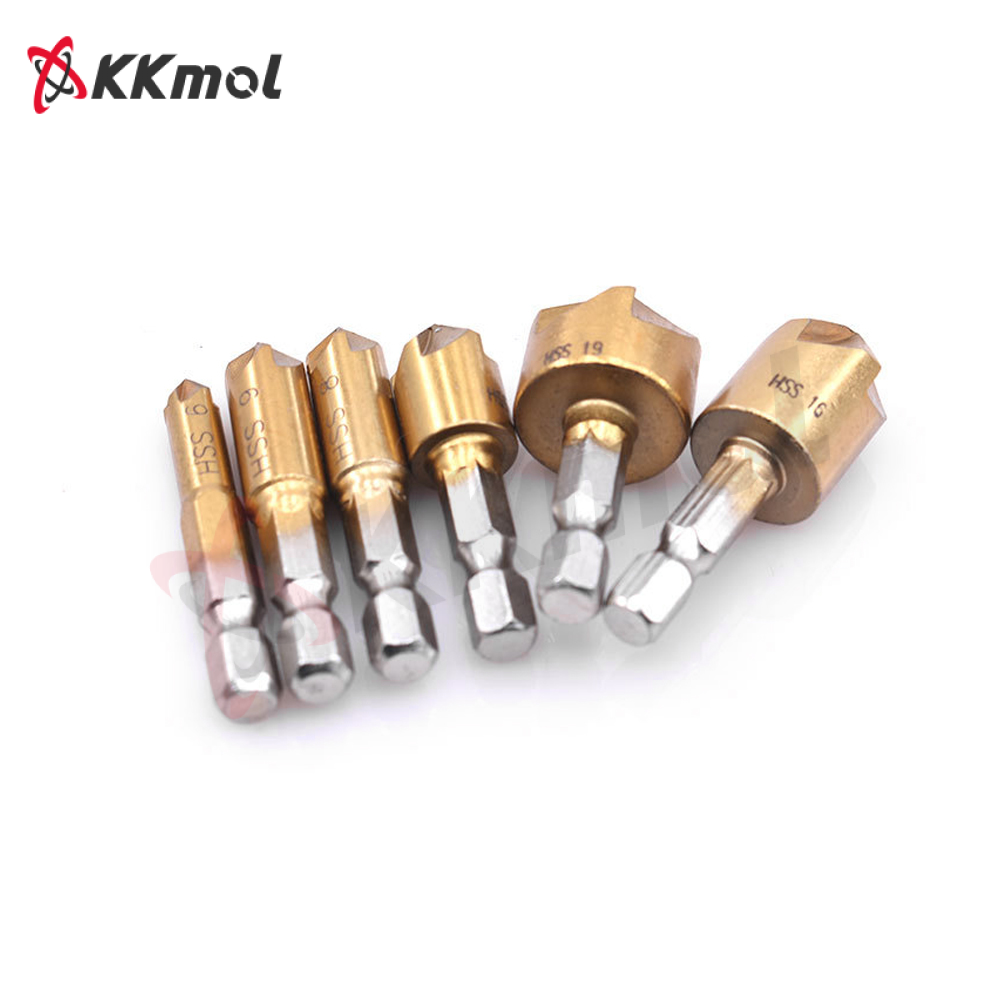 KKmol 6pcs Countersink Drill Bit Set 1/4'' Hex Shank HSS 5 Flute Countersink 90 Degree Wood Chamfering Cutter Chamfer 6mm-19mm