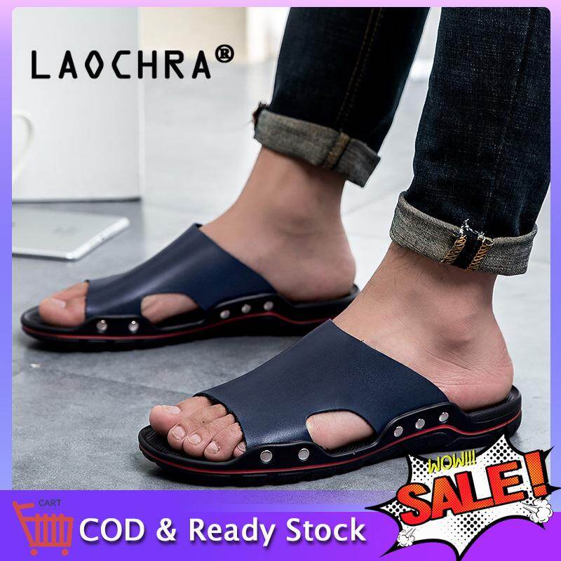 LAOCHRA Summer Men Slippers Leather Beach Mens Slippers Soft Flat Slippers For Men Slides Casual Shoes Sandals 【COD】Big Size 38-46