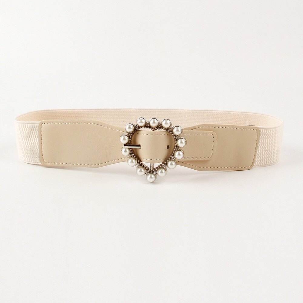 Ladies Fashion Pearl Heart Buckle Belt Women Stretch Waist Belt for Dress Elastic GM194