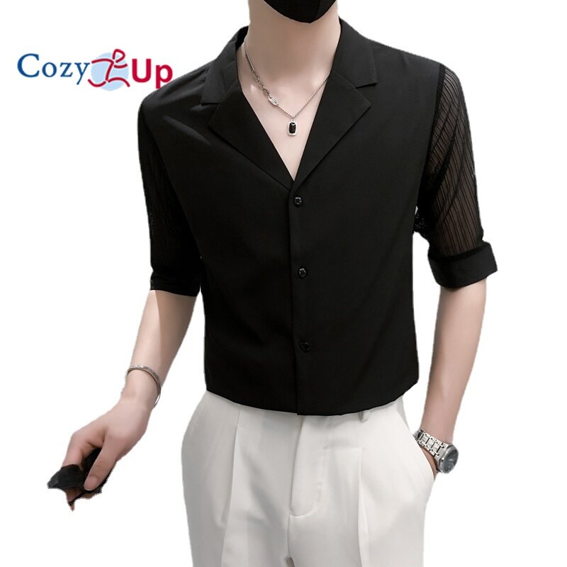 Cozy Up Half Sleeve Shirt Men Slim Fit Solid Color V Neck Polyester Casual