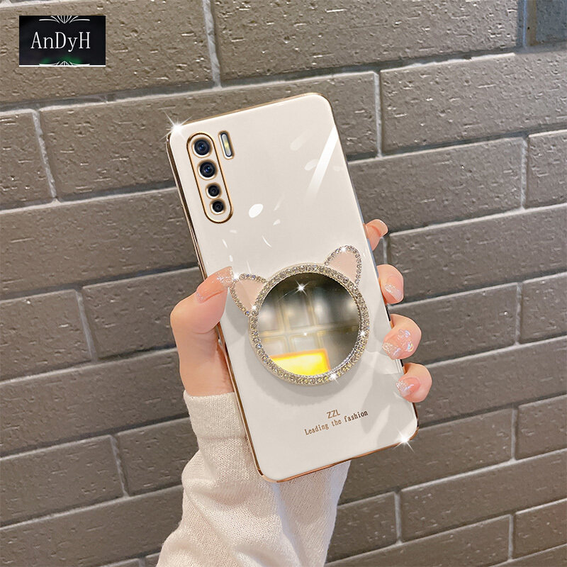 AnDyH Ốp Điện Thoại Cho OPPO A91 Reno 3 4G F15 Ốp Điện Thoại Mềm Mạ Cạnh Thẳng Đính Đá Sáng Bóng Cao Cấp Có Gương Trang Điểm Tai Mèo Dễ Thương Cho Nữ Ốp Lưng Bảo Vệ Chống Sốc Siêu Mỏng Bằng Silicon Mềm