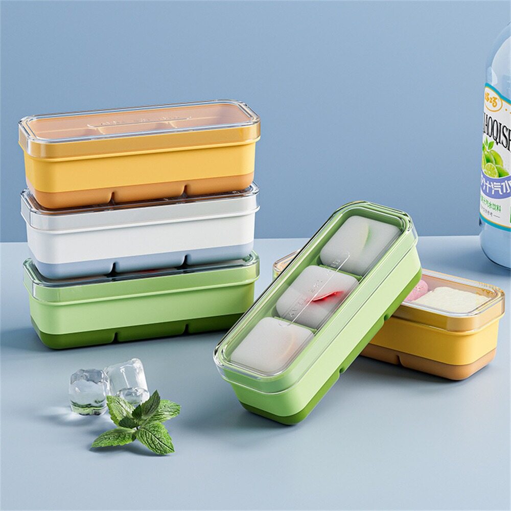 【Changelove】3 Grids Ice Cube Tray With Lid Soft Bottom Ice Cube Maker Mold Fruit Jelly Yogurt Cube Maker Household Ice Frozen Tools Kitchen Accessories
