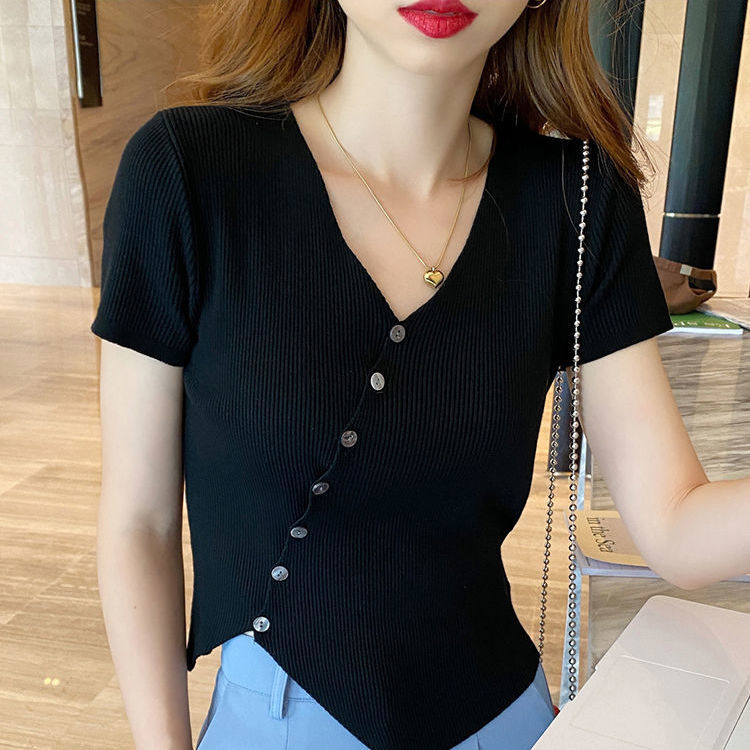 Áo Len Ngắn Tay Lụa Băng, Áo Thun Nữ Mùa Hè Độc Đáo Mới Áo Mỏng