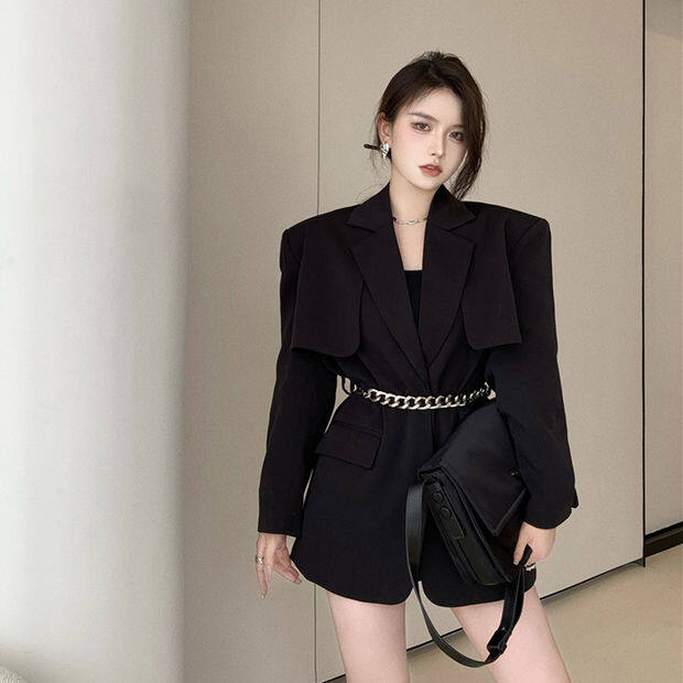 Large Size Women's Suit Jacket French Small Suit Female Korean Version of The Ins Chain Belt Blazer for Ladies