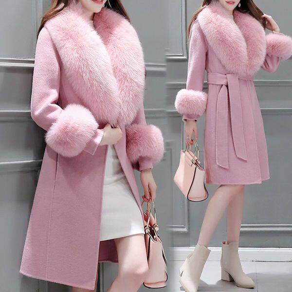 Fashionable Thick Mid-Length Woolen Jacket, New Style Slim-Fit Laced-Up Large Collar