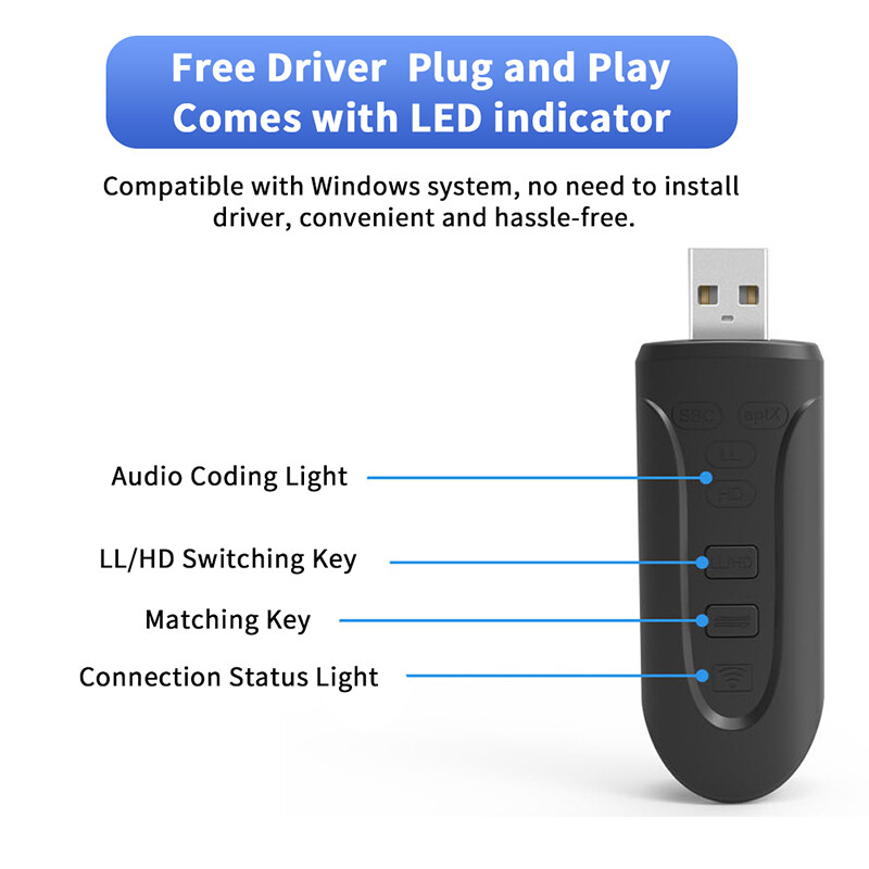 VAORLO Bộ Chuyển Đổi USB Bluetooth Qualcomm QCC3056 Bộ Phát Âm Thanh Không Dây BT 5.3 Bộ Chuyển Đổi Máy Tính Độ Trễ Thấp Có Mic 3.5Mm AUX RAC AptX HD LL Thích Ứng Cho Máy Vi Tính T V