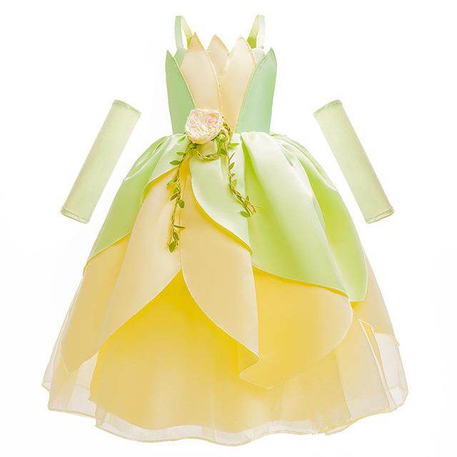 Disney Tiana Princess Dress for Girls Fancy Flower Ball Gown Tiana Dress up Costume Kids Cosplay Princess and The Frog Clothing