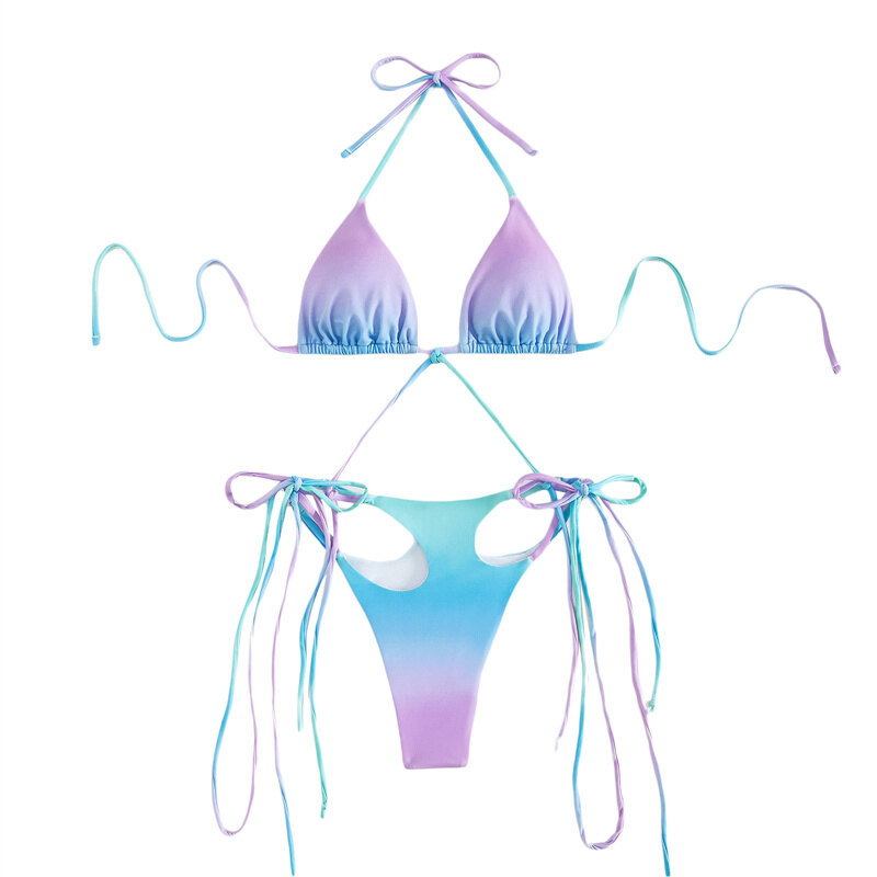 Bộ Bikini 2 Chiếc Màu Trơn Cho Nữ, Băng Quấn Khoét Trước Cổ Thấp Áo Buộc Dây Với Đáy Tam Giác