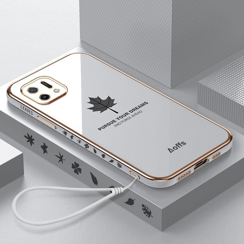 Ybd cạnh thẳng mạ Ốp điện thoại cho OPPO a16k a16e vỏ, chính xác Bảo vệ máy ảnh trường hợp họa tiết lá phong bìa với dây đeo miễn phí