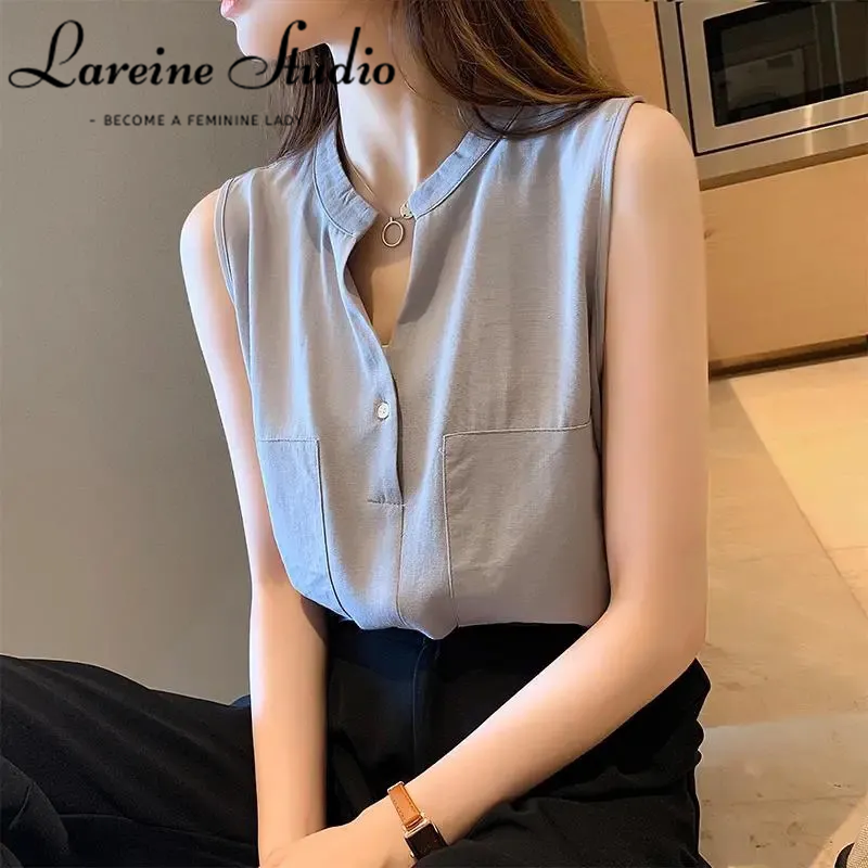 LAREINE Áo Nữ Phong Cách Thường Ngày Mới 2022 Áo Ba Lỗ Cổ Chữ V Không Tay